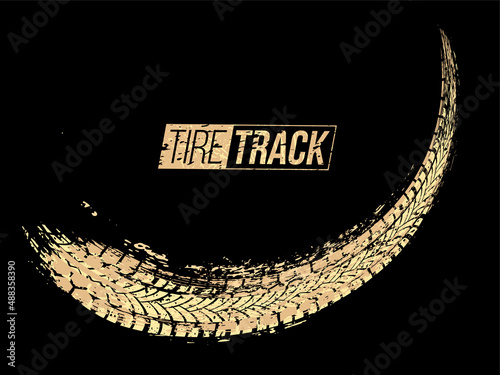 Tire track text and grunge trace gold pattern, abstract print texture from rubber wheel