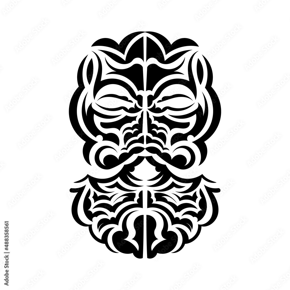 Fototapeta premium Black and white Tiki mask. Native Polynesians and Hawaiians tiki illustration in black and white. Isolated. Flat style. Vector illustration.
