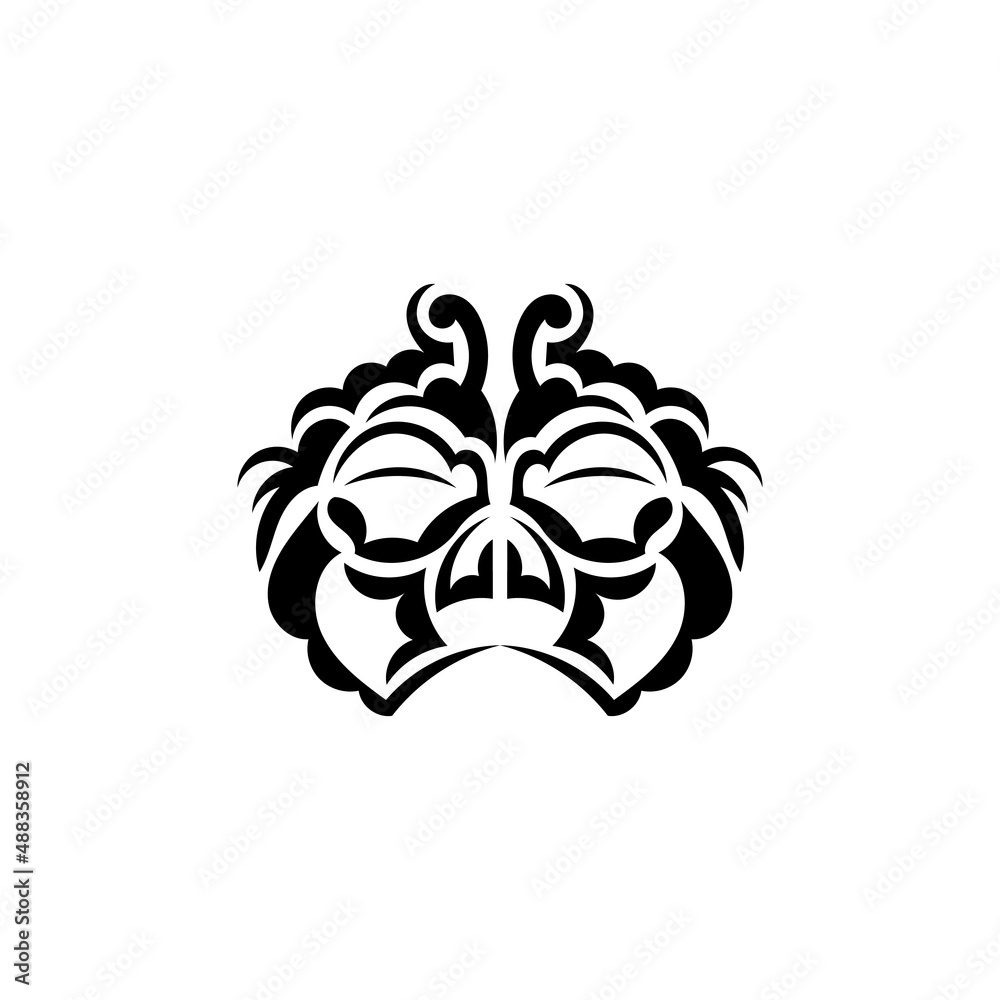 Black and white Tiki mask. Frightening masks in the local ornament of Polynesia. Isolated. Ready tattoo template. Vector illustration.