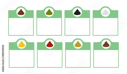 Poop color shades stool icon on blank cartoon set isolated on white background. Nornal brown heap of shit and abnormal green, red, black. Flat design vector clip art baby or animal poo illustration. photo