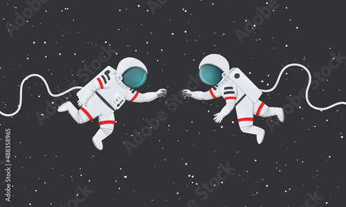 Vector illustration. Two astronauts reaching to each other in space. Romantic scene, connection, Dark space with stars in the background. © Tatiana Zhzhenova