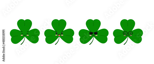 Cute clover tree leaf kids character set isolated on white background. Green good luck clover lucky emoji mascot Flat design cartoon vector illustration. Traditional Irish symbol for St. Patrick s day