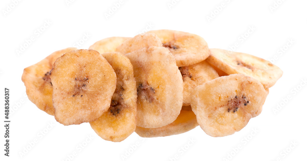 Banana chips isolated on white background. Dried fruit snack.