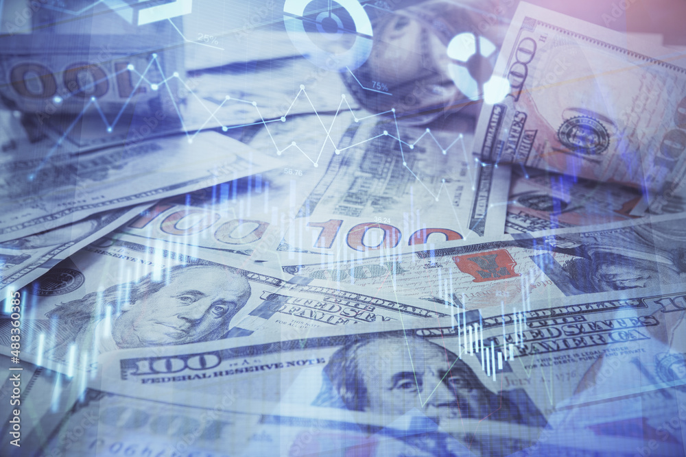 Multi exposure of forex chart drawing over us dollars bill background. Concept of financial success markets. Multi exposure of forex chart drawing over us dollars bill background. Concept of financial success markets.
