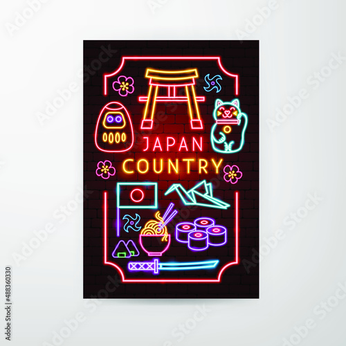 Japan Country Neon Flyer. Vector Illustration of Asia Promotion.