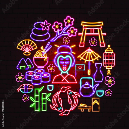 Japan Culture Neon Concept. Vector Illustration of Asia Promotion.