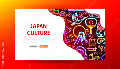 Japan Culture Neon Landing Page. Vector Illustration of Asia Promotion.