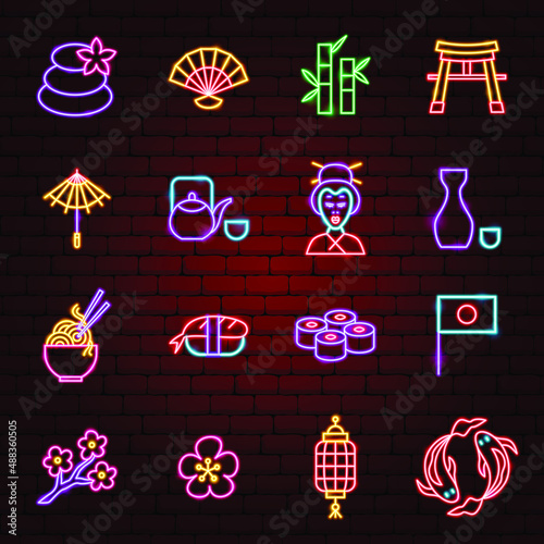 Japan Neon Icons. Vector Illustration of Culture Promotion.