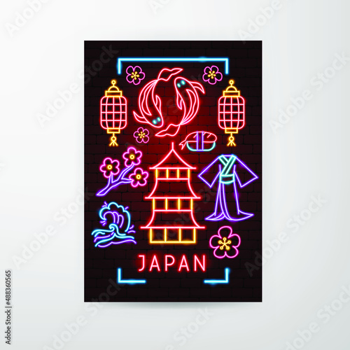Japan Travel Neon Flyer. Vector Illustration of Asia Promotion.
