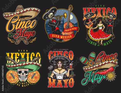 Colorful Cinco de Mayo musicians emblems