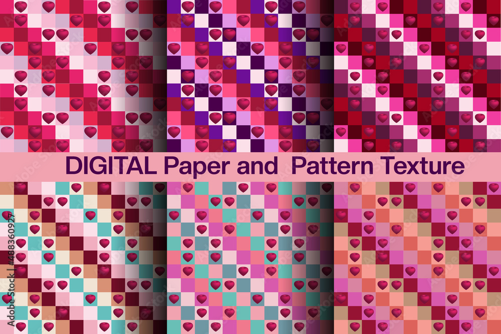 Digital paper pack, set of 6 abstract geometric backgrounds. Seamless vector patterns collection. Valentines Day background. 3D hearts pattern.