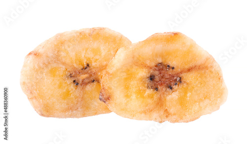 Banana chips isolated on white background. Dried fruit snack.