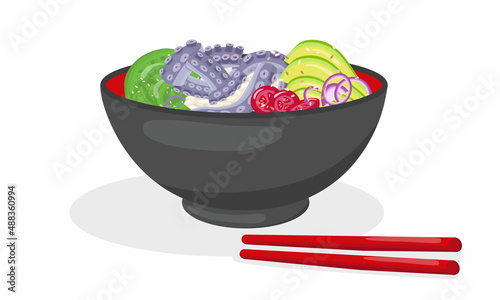 Octopus poke bowl illustration Hawaiian cuisine. Vector stock illustration isolated on white background for menu fast food restaurant with healthy, bio, organic meals. 