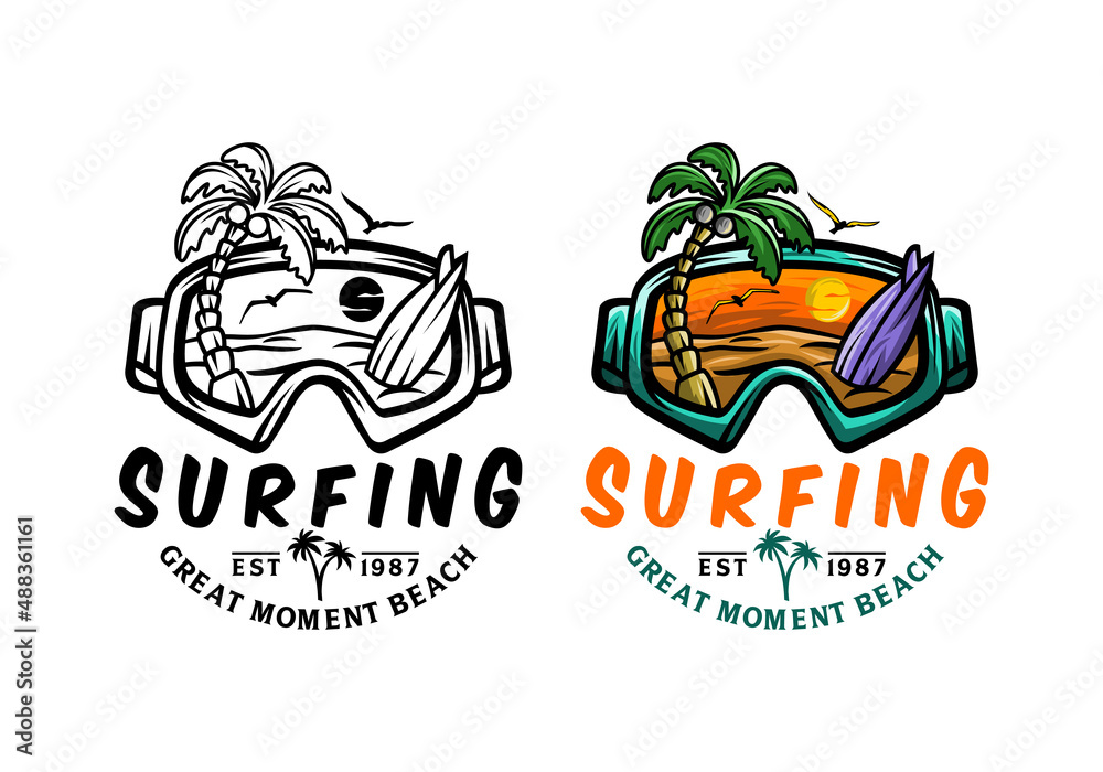 Fototapeta premium Logo Surfing Beach Sunset Vector Illustration Template Good for Any Industry