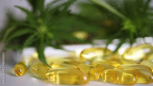 Cannabis CBD oil in capsules essential oil, close up. Hemp oil capsules as an option for treatment