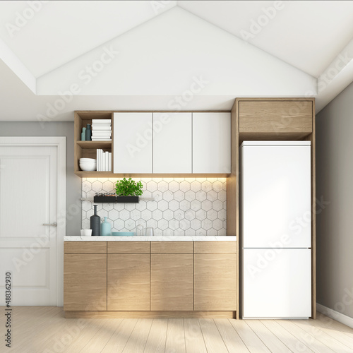 Kitchenette with built-in counters and wood cabinet. 3D rendering photo