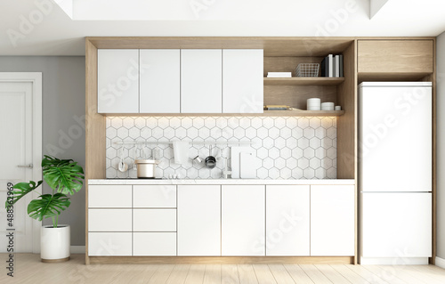 Minimalist style kitchen with built-in counter and white cabinet. 3D rendering