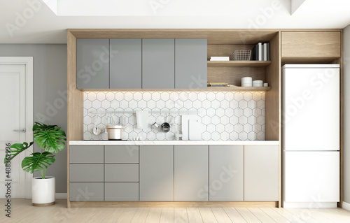 Minimalist style kitchen with built-in counter and gray cabinet. 3D rendering © Phongphan