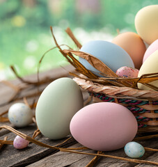 Colorful easter eggs with rural background