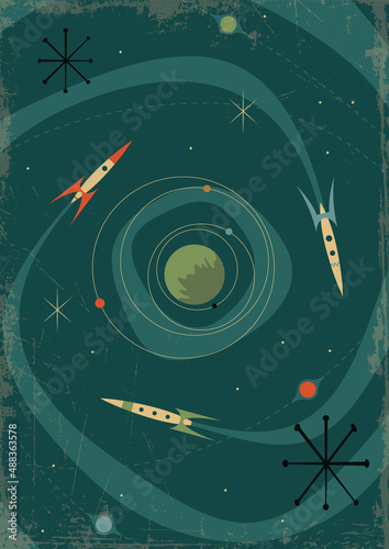 Mid Century Modern Retro Future Style Space Illustration, Space Rockets, Planets and Stars, 1950s, 1960s style Colors and Shapes, Grunge Texture Pattern 