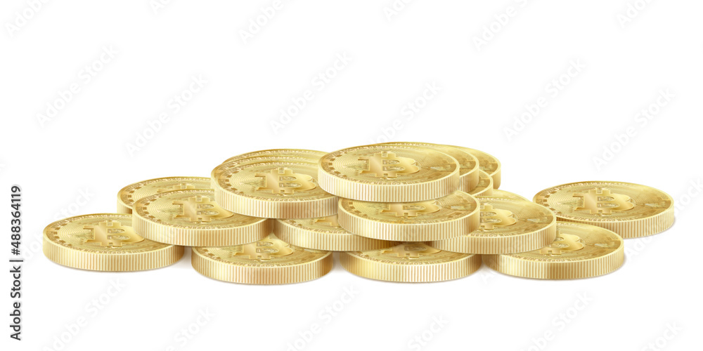 Golden bitcoin stack icon for cryptocurrency, virtual currency, digital money, ecash. Bitcoin symbol for fintech network banking and blockchain. Realistic 3d isolated vector illustration Golden bitcoin stack icon for cryptocurrency, virtual currency, digital money, ecash. Bitcoin symbol for fintech network banking and blockchain. Realistic 3d isolated vector illustration