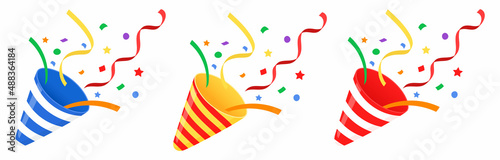 Exploding party popper with confetti, bright cartoon birthday cracker. Isolated vector illustration of celebration symbol emoji. Flat design