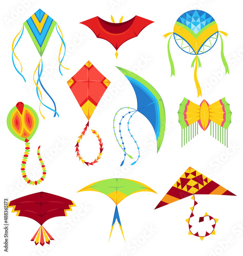 Flying air kites in different shapes. Collection of vector wind toy for active pastime and entertainment. Outdoor summer activity cartoon objects