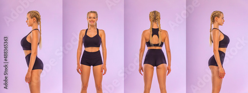 Photo reference pack with anatomy of fit woman athlete. Front, back, side, profile view. Fitness concept. photo