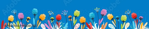 Large floral banner with different bright flowers. Rich flowery meadow. Design elements for decoration. Vector