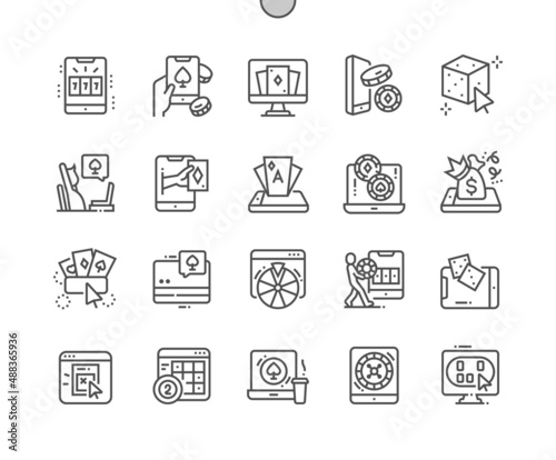 Online gambling. Poker cards. Lottery, casino, bingo and dice. Roulette wheel. Pixel Perfect Vector Thin Line Icons. Simple Minimal Pictogram