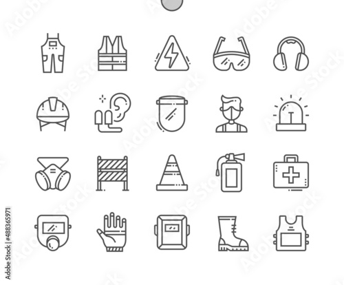 Job safety. Emergency. Fire extinguisher and traffic cone. Protective boots. Police vest. Pixel Perfect Vector Thin Line Icons. Simple Minimal Pictogram