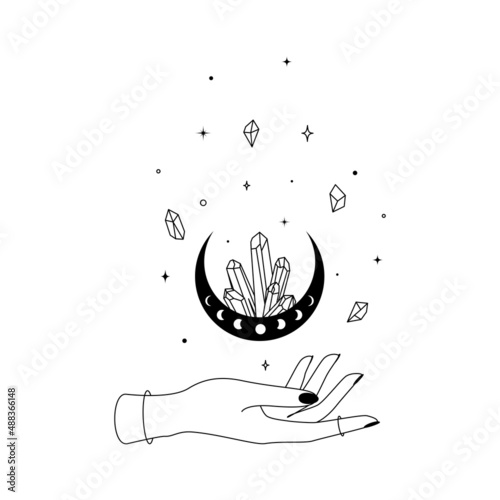 Magic hand with crescent moon with crystal in trendy boho line style. Outline alchemy symbol for branding or logo and embleb witchcraft shop. Esoteric and mystical design element. Vector illustration