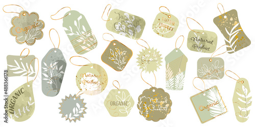 Labels with plant ornaments and gold hanger ribbons. Hand drawn. Vintage organic vector set. Illustration of eco natural vegan tag, label market for product design.
