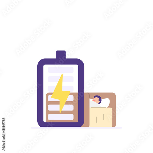 illustration of a man sleeping on a mattress to recharge. workers, employees, staff. flat cartoon style. vector design. ui, element, landing page
