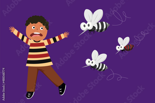 children running out of mosquito hunting group. Mosquito the carrier of dengue fever and zika virus. Mosquito control concept. vector illustration design.	