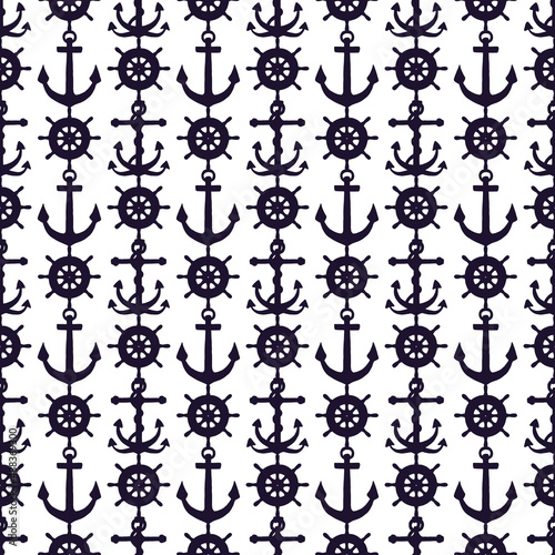 Seamless pattern of silhouette anchors and steering-wheel rudders. Vector black doodle sketch illustration on white background.