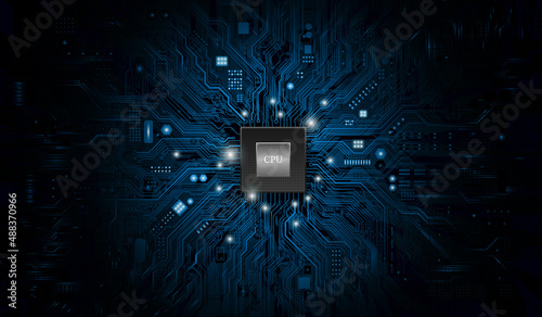 CPU Chip on Motherboard. Central Computer Processors CPU concept. Quantum computer, large data processing, database concept. Futuristic microchip processor. Digital chip.