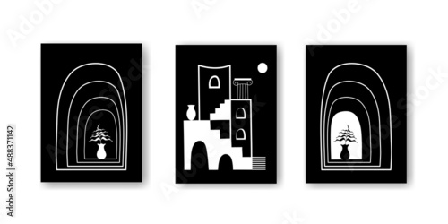 Set of abstract creative posters in black and white colors. Matisse style. Triptych. Architectural elements, plants, vases. Gesign for wall decor, cover, wallpaper, print, card. Vector illustration.