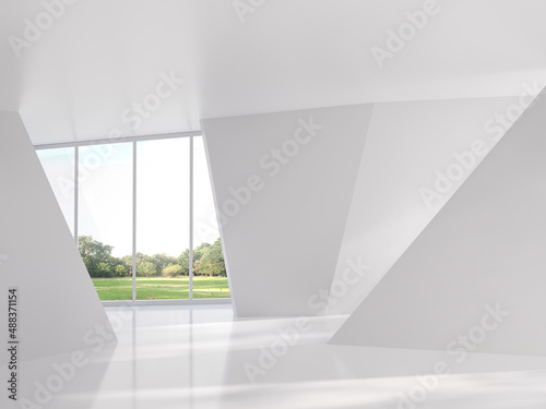 Fototapeta Naklejka Na Ścianę i Meble -  Modern interior space with nature view 3d render There are large window look out to see the garden view,sunlight shining into the room.