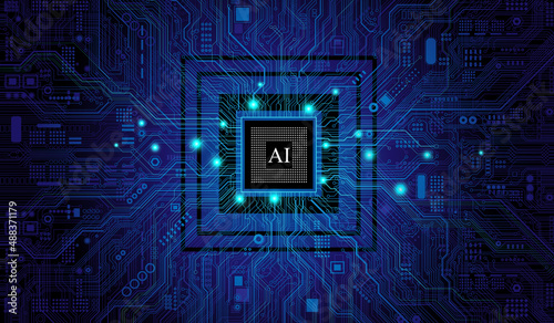 CPU Chip on Motherboard. Central Computer Processors CPU concept. Quantum computer, large data processing, database concept. Futuristic microchip processor. Digital chip.