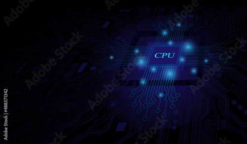 CPU Chip on Motherboard. Central Computer Processors CPU concept. Quantum computer, large data processing, database concept. Futuristic microchip processor. Digital chip.