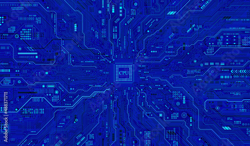 CPU Chip on Motherboard. Central Computer Processors CPU concept. Quantum computer, large data processing, database concept. Futuristic microchip processor. Digital chip.