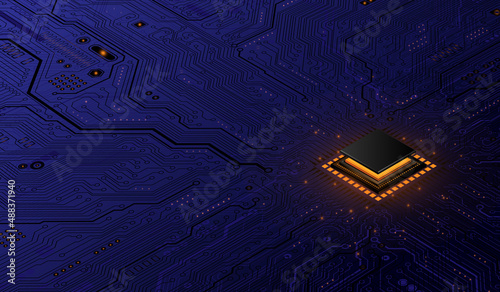 CPU Chip on Motherboard. Central Computer Processors CPU concept. Quantum computer, large data processing, database concept. Futuristic microchip processor. Digital chip.