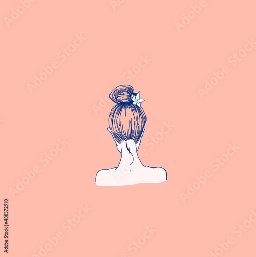 girl with a beam on his head with flower. nape of girl with hairstyle. vector linear illustration