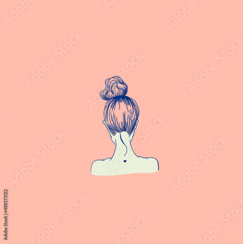 girl with a beam on his head with flower. nape of girl with hairstyle. vector linear illustration