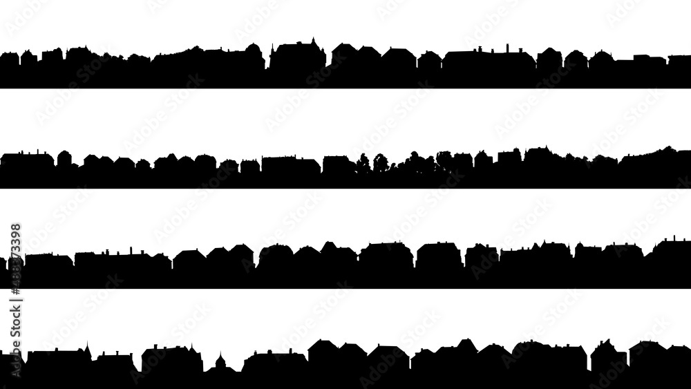 Set of horizontal stripe silhouettes with roofs of downtown of old historic European city.