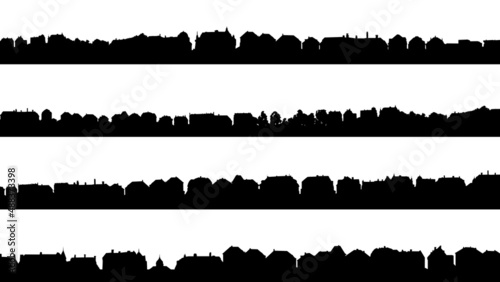 Set of horizontal stripe silhouettes with roofs of downtown of old historic European city.