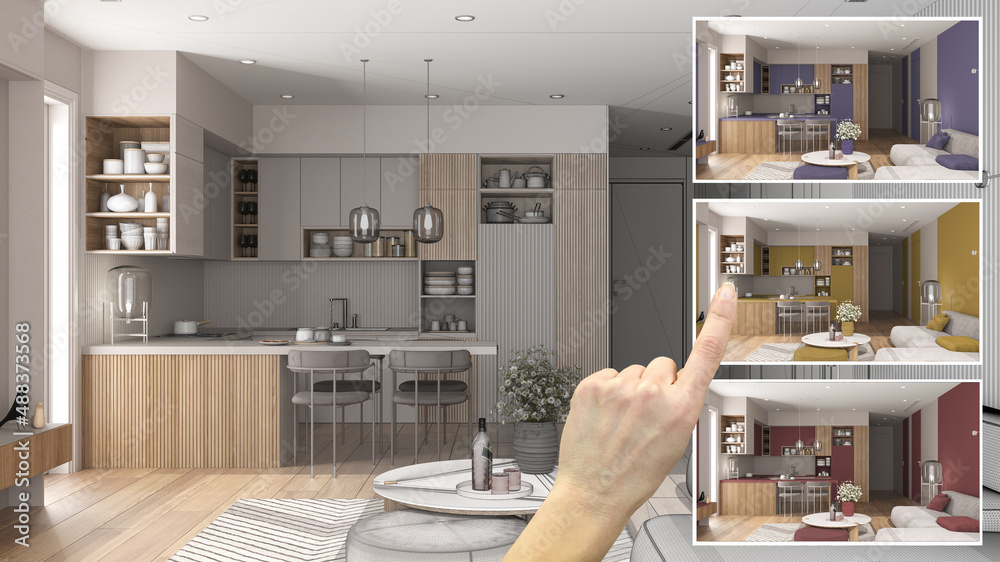 Architect designer concept, hand showing modern wooden kitchen colors ...