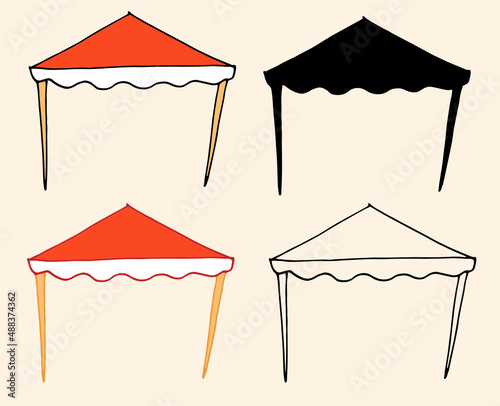 the open awning is red. a doodle-style set of outdoor awnings for a summer cafe, side view of wooden boots and a red roof. isolated black outline and silhouette
