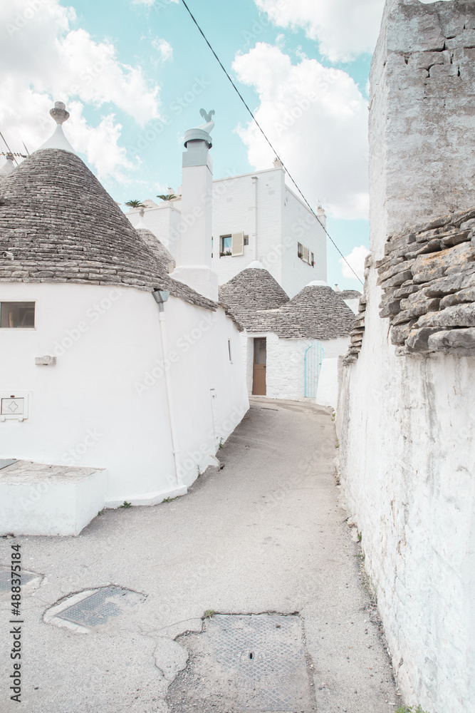 South Italy in summer. Alberobello, a wonderful apulian village with typical houses called trulli 